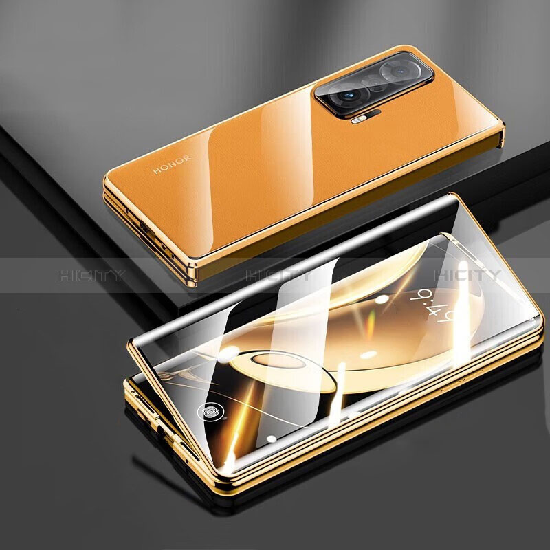 Handyhülle Hülle Luxus Aluminium Metall Rahmen Spiegel 360 Grad Ganzkörper Tasche P01 für Huawei Honor Magic V 5G Gold