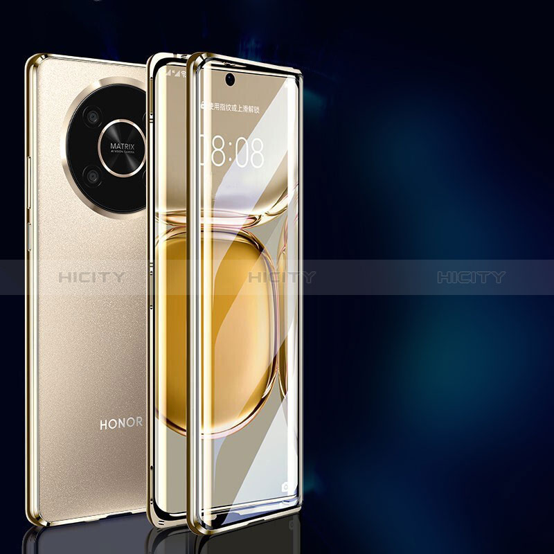 Handyhülle Hülle Luxus Aluminium Metall Rahmen Spiegel 360 Grad Ganzkörper Tasche P01 für Huawei Honor X9 5G Gold