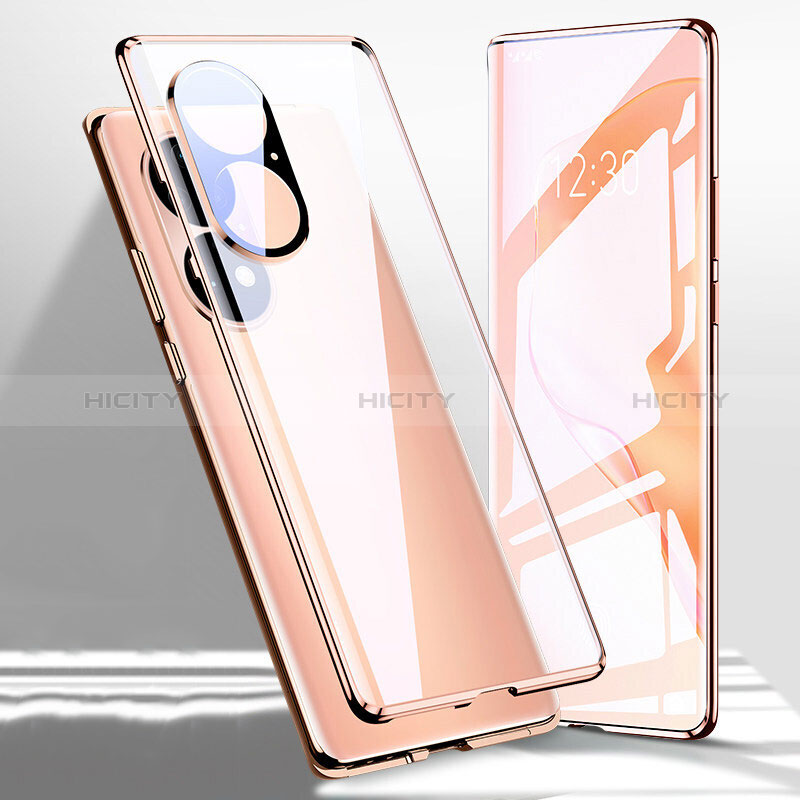 Handyhülle Hülle Luxus Aluminium Metall Rahmen Spiegel 360 Grad Ganzkörper Tasche P01 für Huawei P50e Rosegold