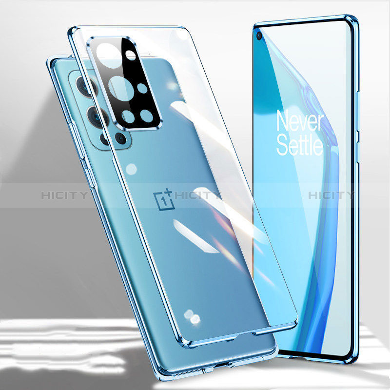 Handyhülle Hülle Luxus Aluminium Metall Rahmen Spiegel 360 Grad Ganzkörper Tasche P01 für OnePlus 9R 5G Blau