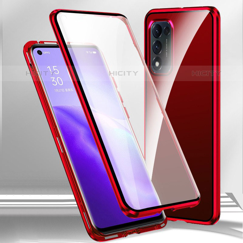 Handyhülle Hülle Luxus Aluminium Metall Rahmen Spiegel 360 Grad Ganzkörper Tasche P01 für Oppo A55 5G Rot Plus