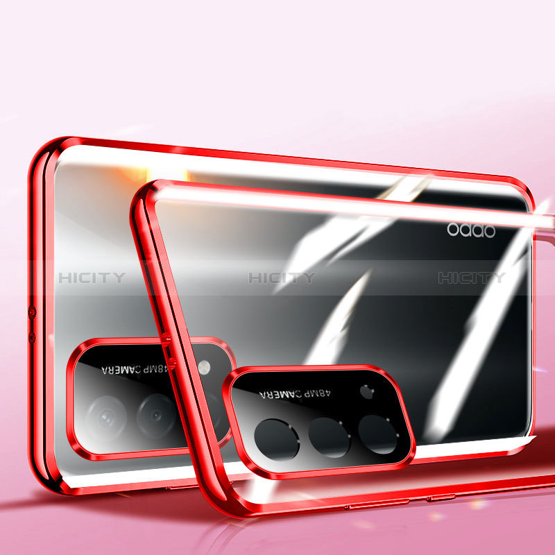 Handyhülle Hülle Luxus Aluminium Metall Rahmen Spiegel 360 Grad Ganzkörper Tasche P01 für Oppo A74 5G Rot Plus