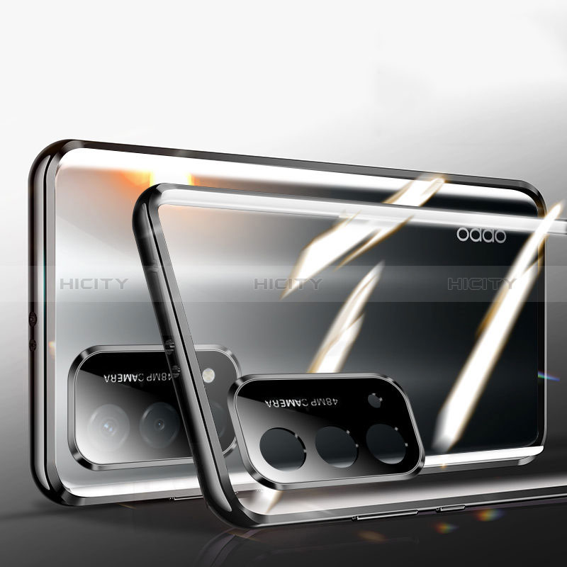 Handyhülle Hülle Luxus Aluminium Metall Rahmen Spiegel 360 Grad Ganzkörper Tasche P01 für Oppo A74 5G Schwarz