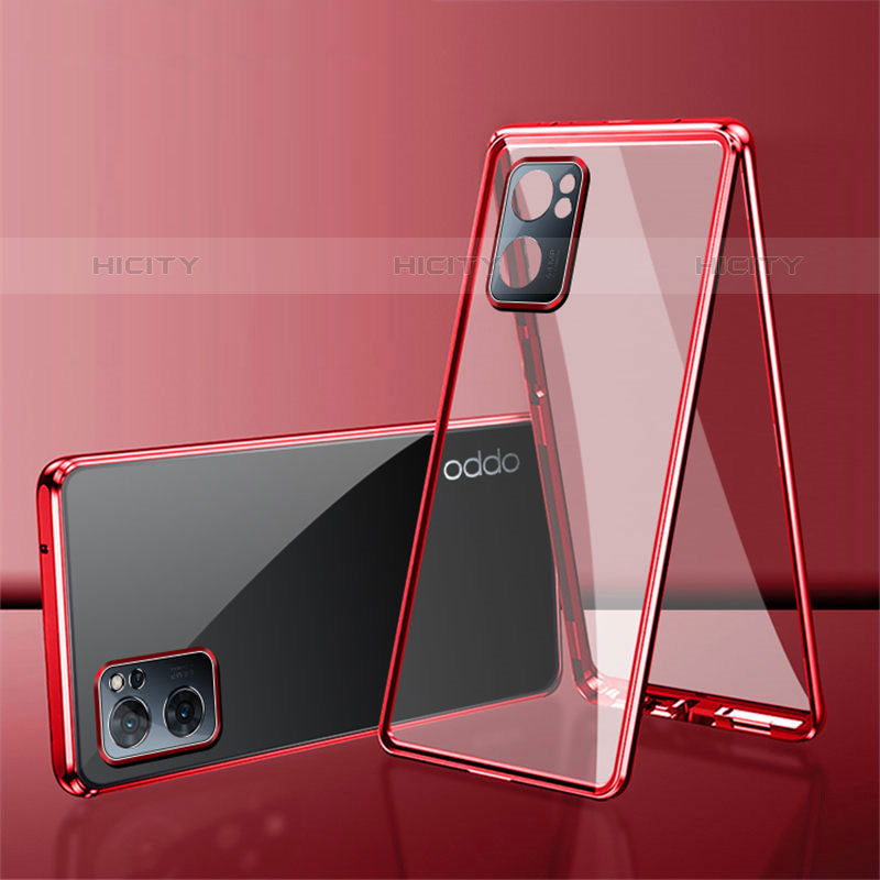 Handyhülle Hülle Luxus Aluminium Metall Rahmen Spiegel 360 Grad Ganzkörper Tasche P01 für Oppo Reno7 SE 5G Rot