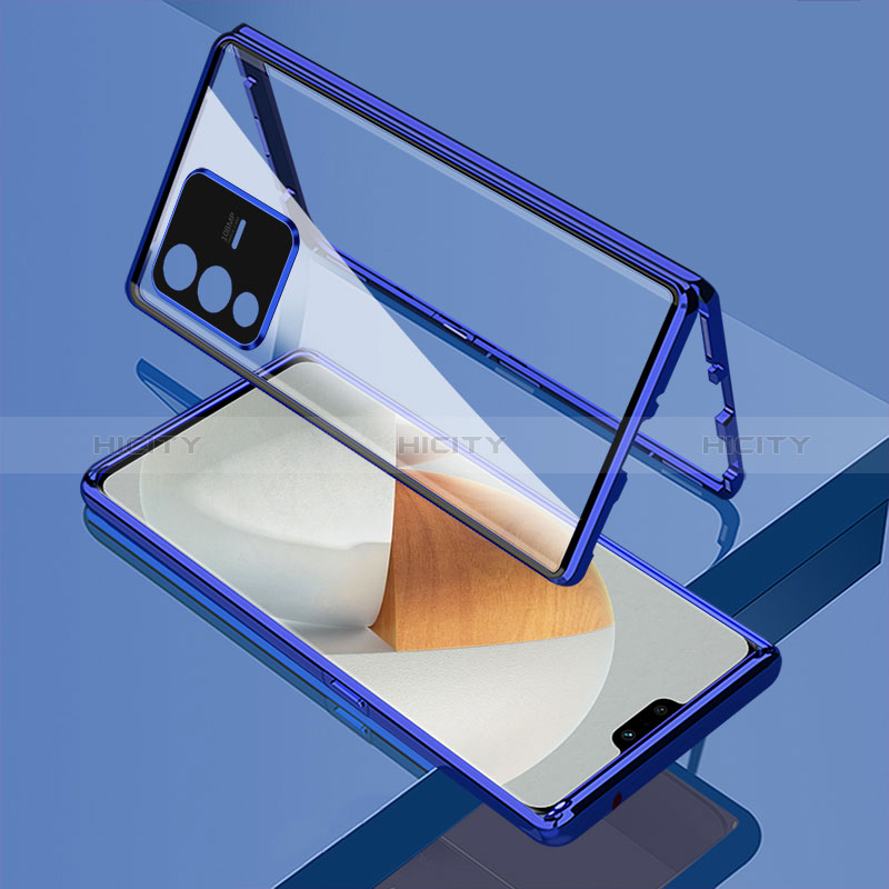 Handyhülle Hülle Luxus Aluminium Metall Rahmen Spiegel 360 Grad Ganzkörper Tasche P01 für Vivo V23 Pro 5G Blau Plus