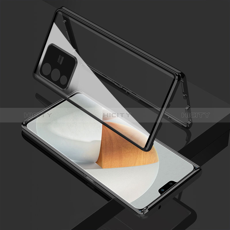 Handyhülle Hülle Luxus Aluminium Metall Rahmen Spiegel 360 Grad Ganzkörper Tasche P01 für Vivo V23 Pro 5G Schwarz