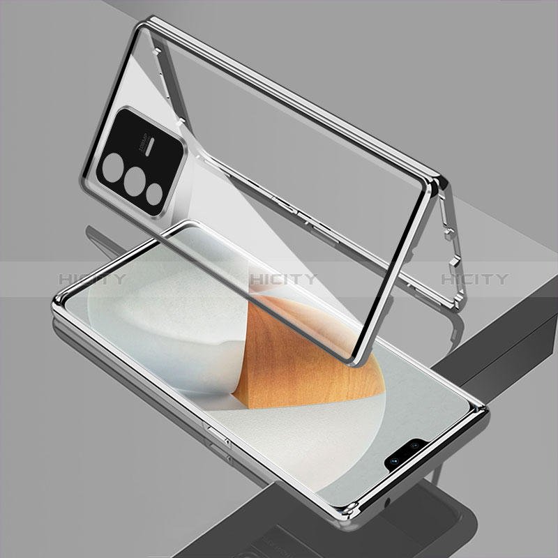 Handyhülle Hülle Luxus Aluminium Metall Rahmen Spiegel 360 Grad Ganzkörper Tasche P01 für Vivo V23 Pro 5G Silber
