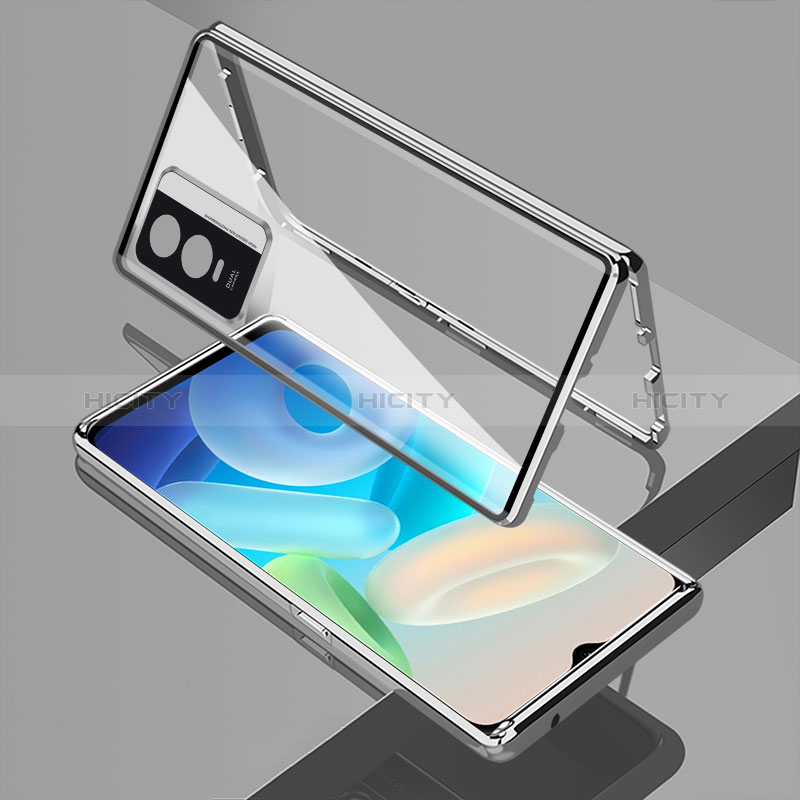 Handyhülle Hülle Luxus Aluminium Metall Rahmen Spiegel 360 Grad Ganzkörper Tasche P01 für Vivo Y76s 5G Silber Plus