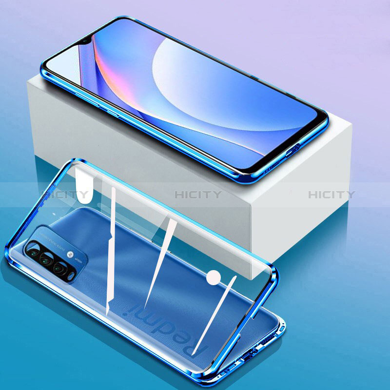 Handyhülle Hülle Luxus Aluminium Metall Rahmen Spiegel 360 Grad Ganzkörper Tasche P01 für Xiaomi Redmi 9 Power Blau Plus