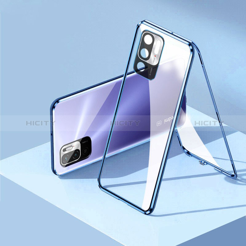 Handyhülle Hülle Luxus Aluminium Metall Rahmen Spiegel 360 Grad Ganzkörper Tasche P01 für Xiaomi Redmi Note 10 5G Blau Plus