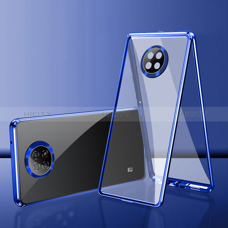 Handyhülle Hülle Luxus Aluminium Metall Rahmen Spiegel 360 Grad Ganzkörper Tasche P01 für Xiaomi Redmi Note 9T 5G Blau