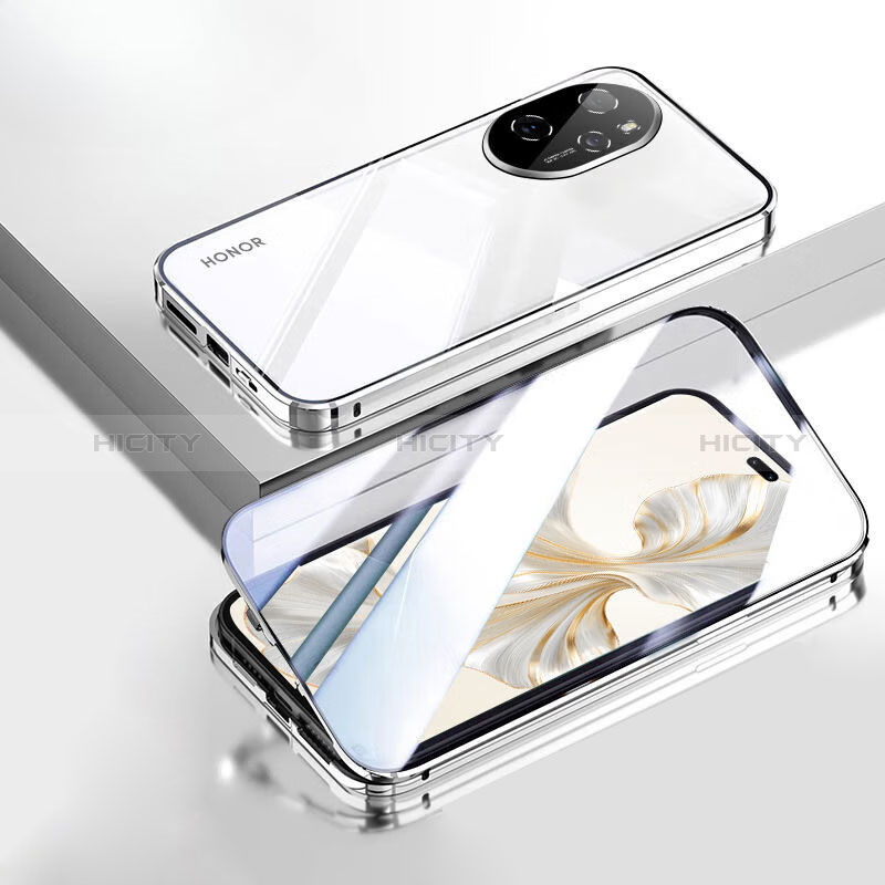 Handyhülle Hülle Luxus Aluminium Metall Rahmen Spiegel 360 Grad Ganzkörper Tasche P02 für Huawei Honor 100 Pro 5G Silber Plus