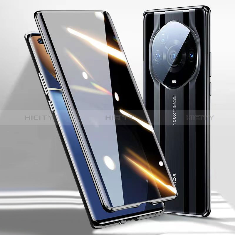 Handyhülle Hülle Luxus Aluminium Metall Rahmen Spiegel 360 Grad Ganzkörper Tasche P02 für Huawei Honor Magic3 Pro+ Plus 5G Schwarz