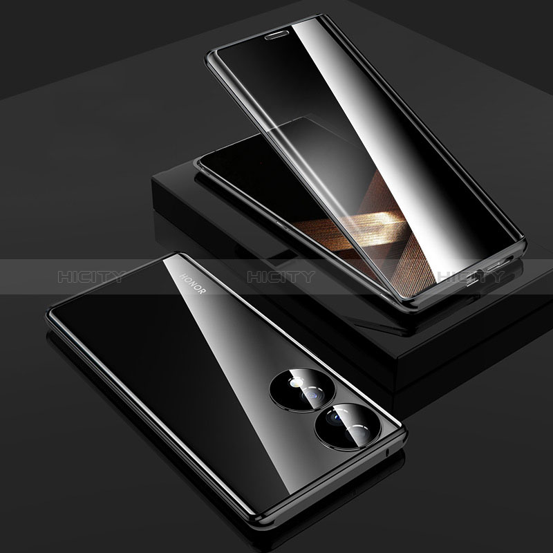 Handyhülle Hülle Luxus Aluminium Metall Rahmen Spiegel 360 Grad Ganzkörper Tasche P02 für Huawei Honor X7b Schwarz Plus