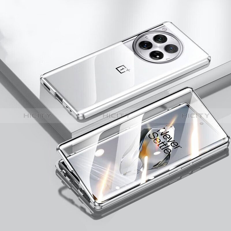 Handyhülle Hülle Luxus Aluminium Metall Rahmen Spiegel 360 Grad Ganzkörper Tasche P02 für OnePlus 12 5G Silber Plus