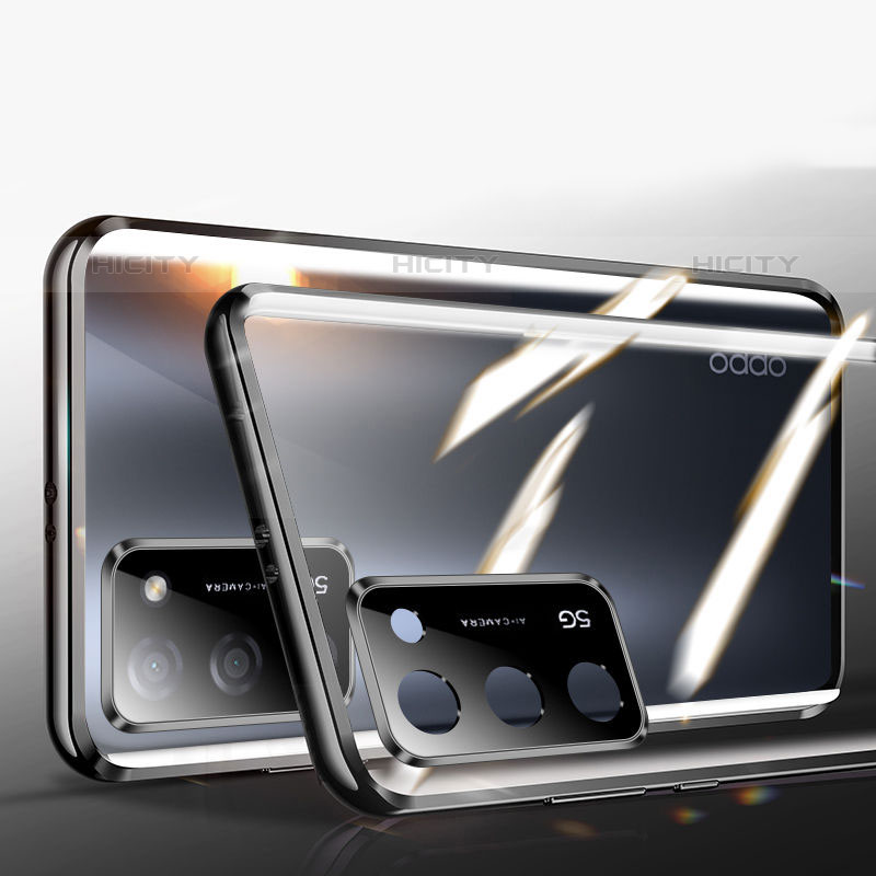 Handyhülle Hülle Luxus Aluminium Metall Rahmen Spiegel 360 Grad Ganzkörper Tasche P02 für Oppo A55 5G Schwarz