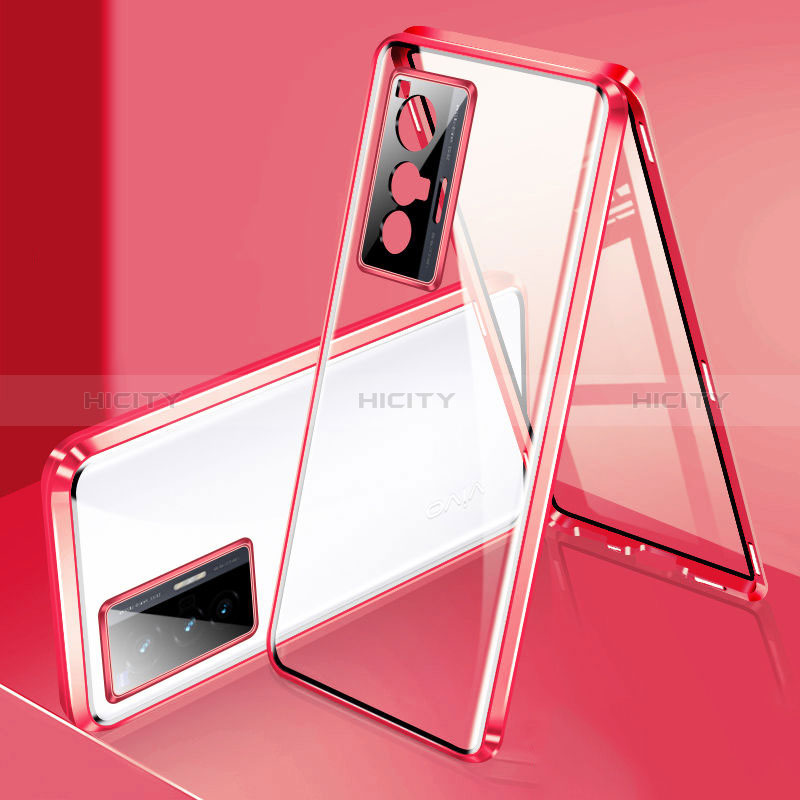 Handyhülle Hülle Luxus Aluminium Metall Rahmen Spiegel 360 Grad Ganzkörper Tasche P02 für Vivo X70 5G Rot Plus