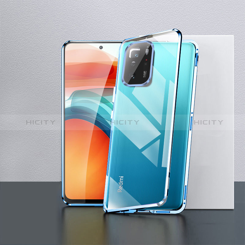 Handyhülle Hülle Luxus Aluminium Metall Rahmen Spiegel 360 Grad Ganzkörper Tasche P02 für Xiaomi Redmi Note 10 Pro 5G Blau