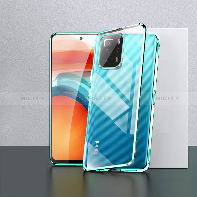 Handyhülle Hülle Luxus Aluminium Metall Rahmen Spiegel 360 Grad Ganzkörper Tasche P02 für Xiaomi Redmi Note 10 Pro 5G Grün