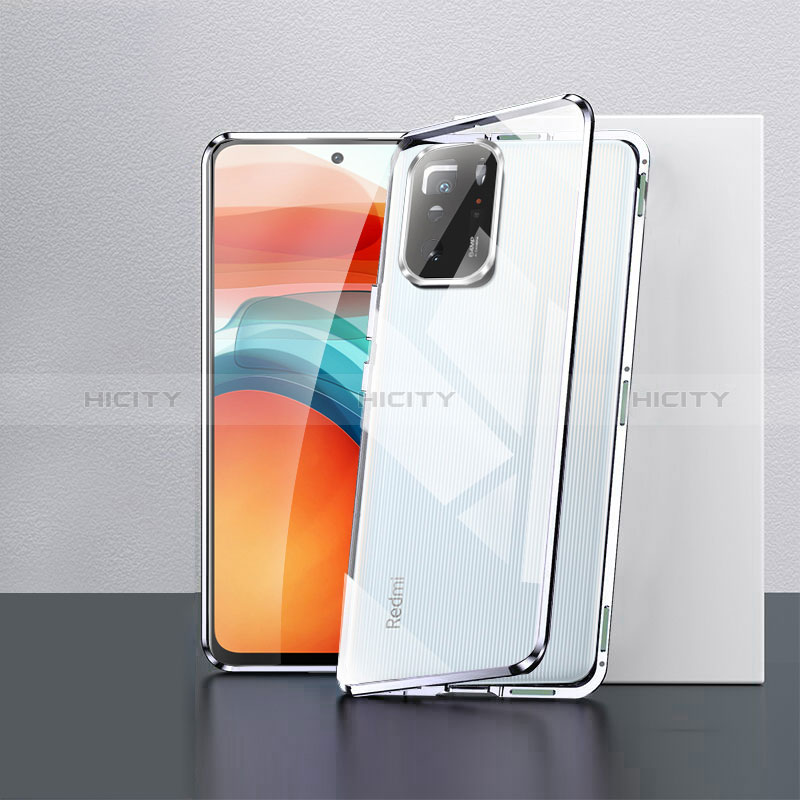 Handyhülle Hülle Luxus Aluminium Metall Rahmen Spiegel 360 Grad Ganzkörper Tasche P02 für Xiaomi Redmi Note 10 Pro 5G Silber