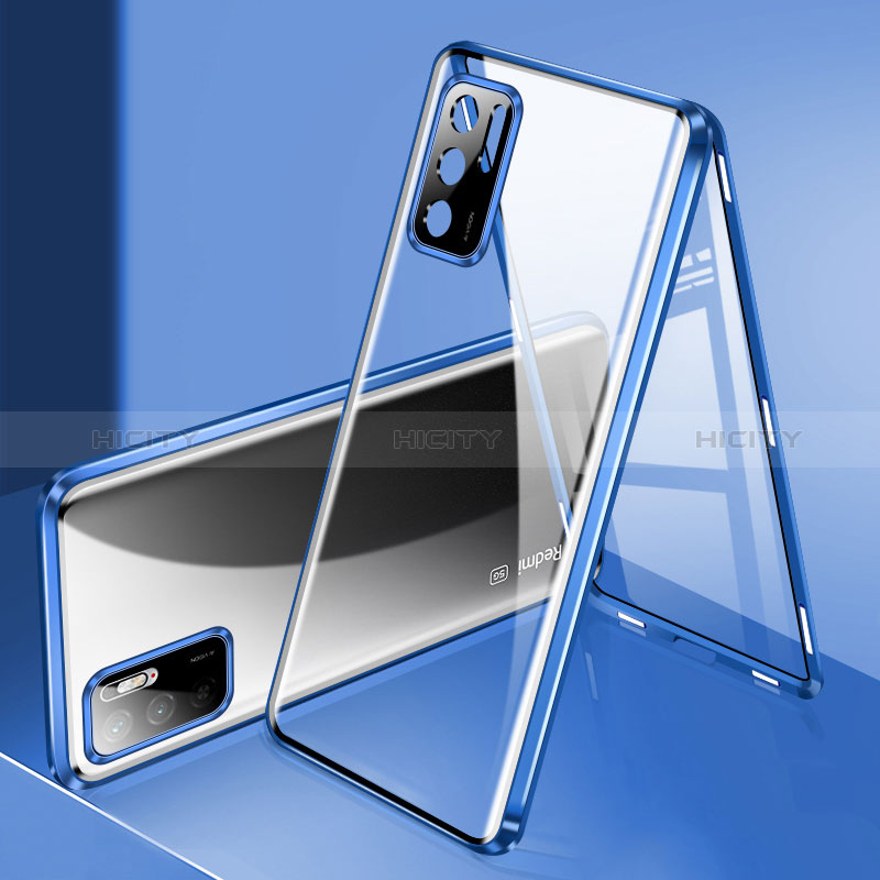 Handyhülle Hülle Luxus Aluminium Metall Rahmen Spiegel 360 Grad Ganzkörper Tasche P02 für Xiaomi Redmi Note 10T 5G Blau