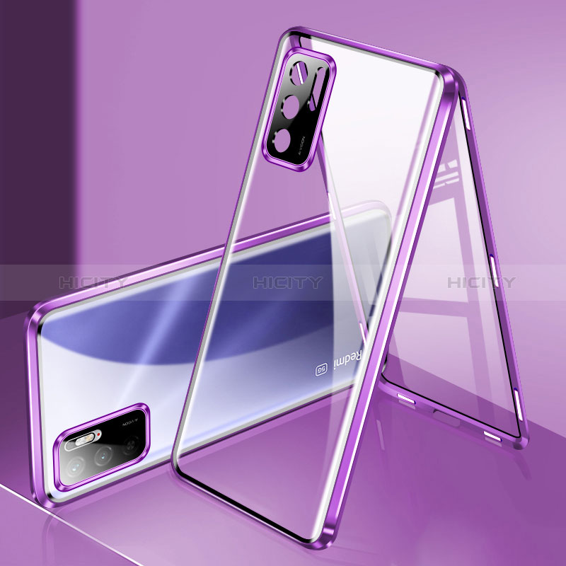 Handyhülle Hülle Luxus Aluminium Metall Rahmen Spiegel 360 Grad Ganzkörper Tasche P02 für Xiaomi Redmi Note 10T 5G Violett