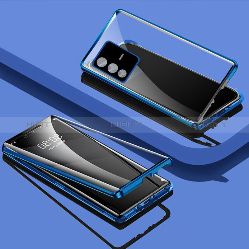 Handyhülle Hülle Luxus Aluminium Metall Rahmen Spiegel 360 Grad Ganzkörper Tasche P03 für Vivo V23 Pro 5G Blau Plus