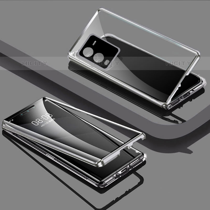 Handyhülle Hülle Luxus Aluminium Metall Rahmen Spiegel 360 Grad Ganzkörper Tasche P03 für Vivo V25 Pro 5G Silber