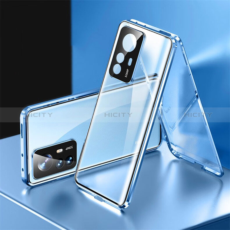 Handyhülle Hülle Luxus Aluminium Metall Rahmen Spiegel 360 Grad Ganzkörper Tasche P03 für Xiaomi Mi 12T 5G Blau Plus