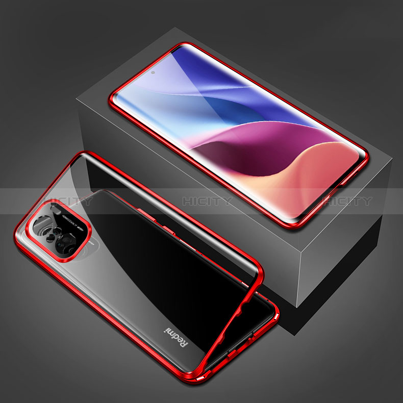 Handyhülle Hülle Luxus Aluminium Metall Rahmen Spiegel 360 Grad Ganzkörper Tasche P03 für Xiaomi Poco F3 5G Rot