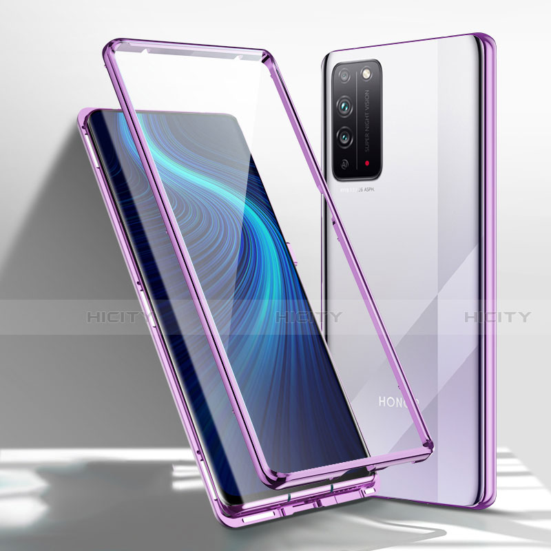 Handyhülle Hülle Luxus Aluminium Metall Rahmen Spiegel 360 Grad Ganzkörper Tasche T01 für Huawei Honor X10 5G Violett