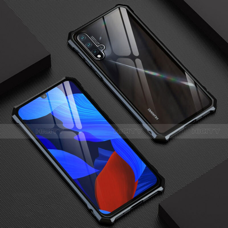 Handyhülle Hülle Luxus Aluminium Metall Rahmen Spiegel 360 Grad Ganzkörper Tasche T01 für Huawei Nova 5 Schwarz