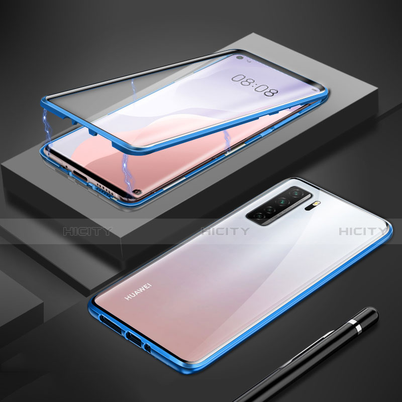 Handyhülle Hülle Luxus Aluminium Metall Rahmen Spiegel 360 Grad Ganzkörper Tasche T01 für Huawei Nova 7 SE 5G Blau Plus