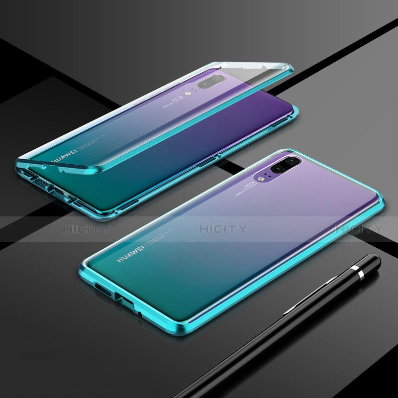 Handyhülle Hülle Luxus Aluminium Metall Rahmen Spiegel 360 Grad Ganzkörper Tasche T01 für Huawei P20 Cyan Plus