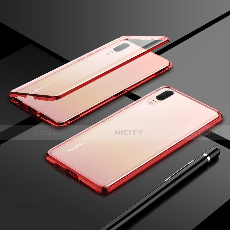 Handyhülle Hülle Luxus Aluminium Metall Rahmen Spiegel 360 Grad Ganzkörper Tasche T01 für Huawei P20 Rot Plus