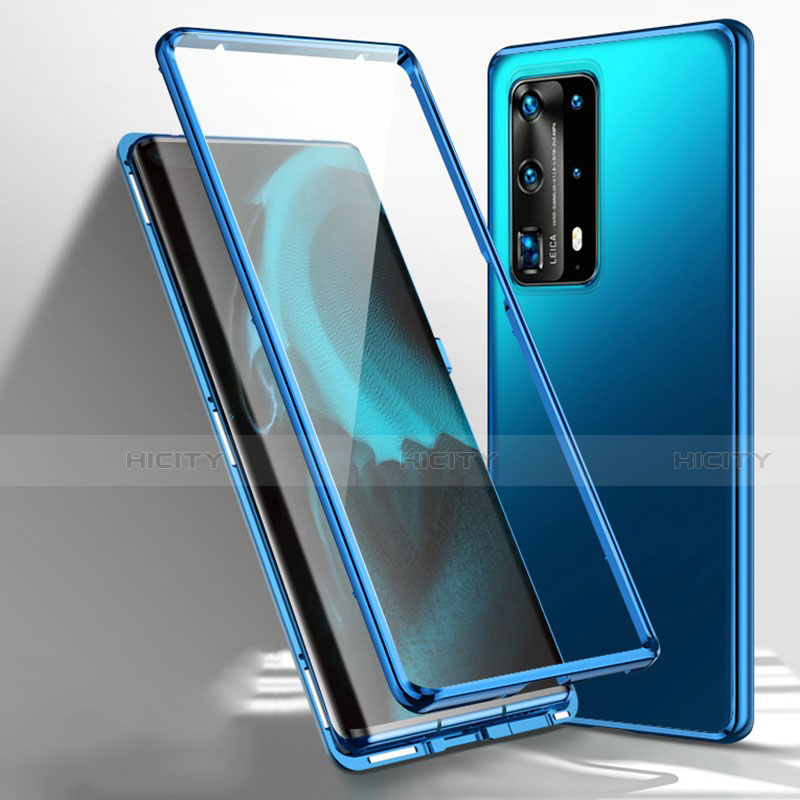 Handyhülle Hülle Luxus Aluminium Metall Rahmen Spiegel 360 Grad Ganzkörper Tasche T01 für Huawei P40 Pro+ Plus Blau