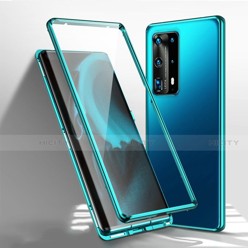 Handyhülle Hülle Luxus Aluminium Metall Rahmen Spiegel 360 Grad Ganzkörper Tasche T01 für Huawei P40 Pro+ Plus Cyan