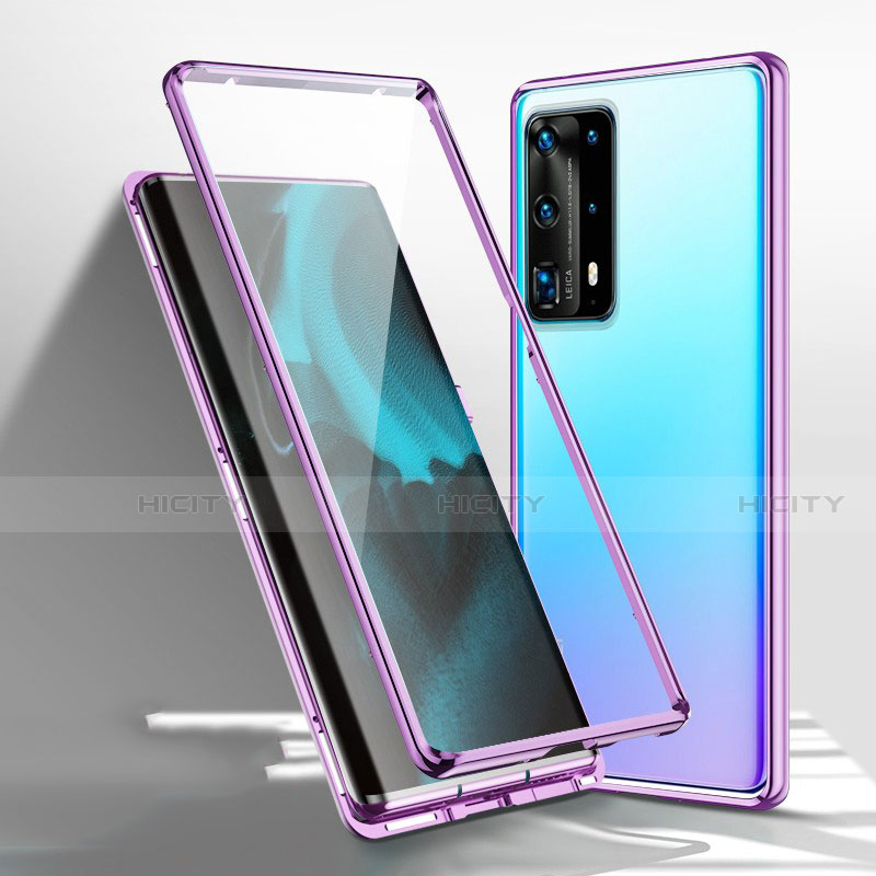 Handyhülle Hülle Luxus Aluminium Metall Rahmen Spiegel 360 Grad Ganzkörper Tasche T01 für Huawei P40 Pro+ Plus Violett