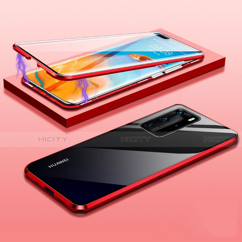 Handyhülle Hülle Luxus Aluminium Metall Rahmen Spiegel 360 Grad Ganzkörper Tasche T01 für Huawei P40 Pro Rot