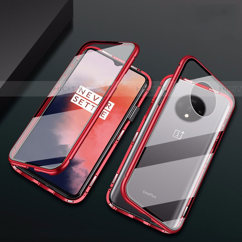 Handyhülle Hülle Luxus Aluminium Metall Rahmen Spiegel 360 Grad Ganzkörper Tasche T01 für OnePlus 7T Rot