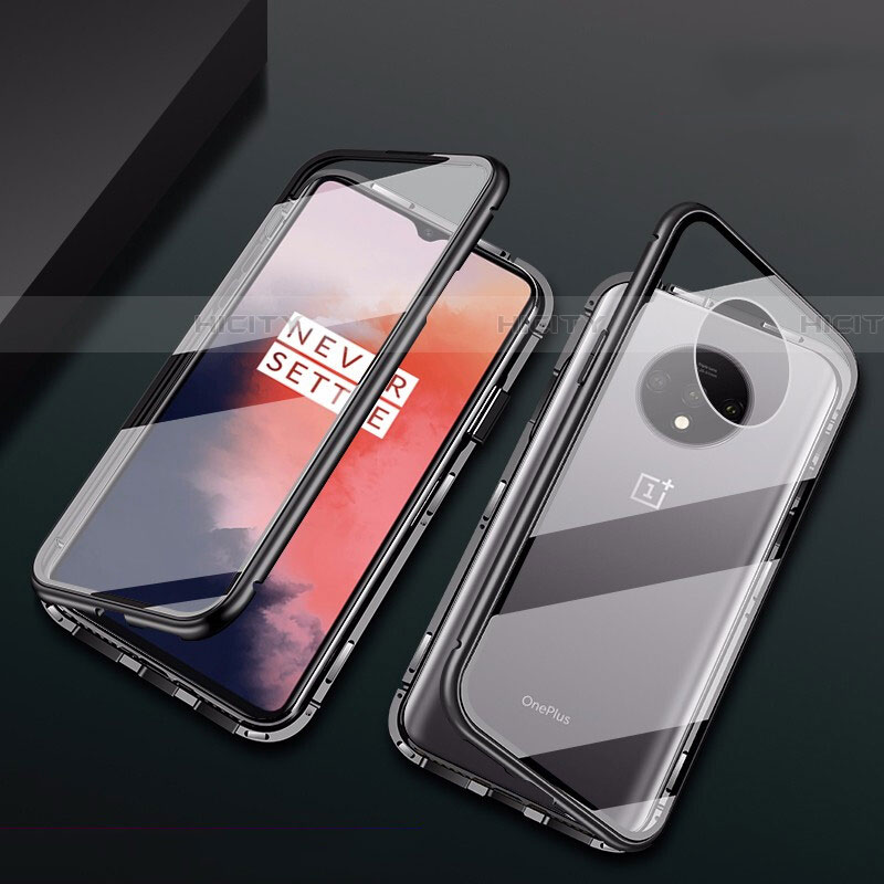 Handyhülle Hülle Luxus Aluminium Metall Rahmen Spiegel 360 Grad Ganzkörper Tasche T01 für OnePlus 7T Schwarz Plus