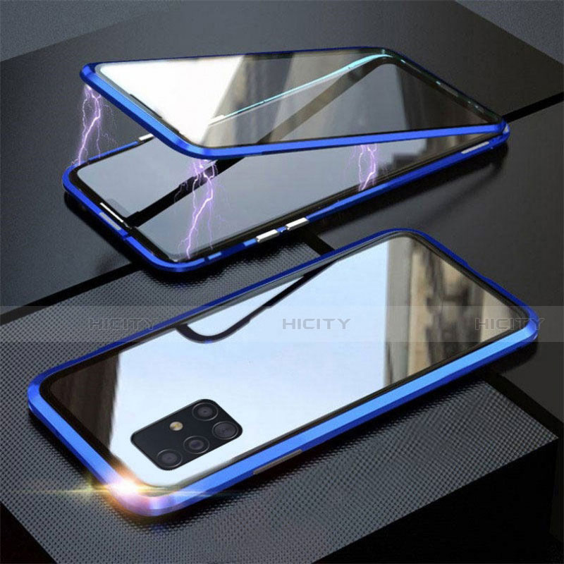 Handyhülle Hülle Luxus Aluminium Metall Rahmen Spiegel 360 Grad Ganzkörper Tasche T01 für Samsung Galaxy A51 5G Blau Plus