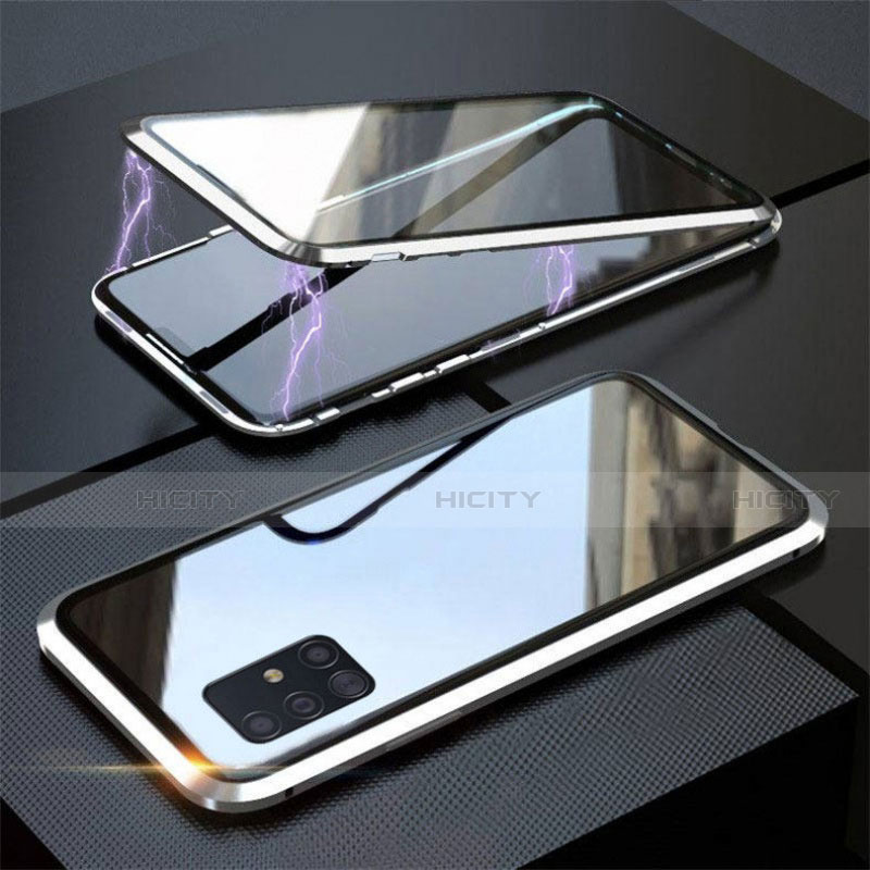 Handyhülle Hülle Luxus Aluminium Metall Rahmen Spiegel 360 Grad Ganzkörper Tasche T01 für Samsung Galaxy A51 5G Silber