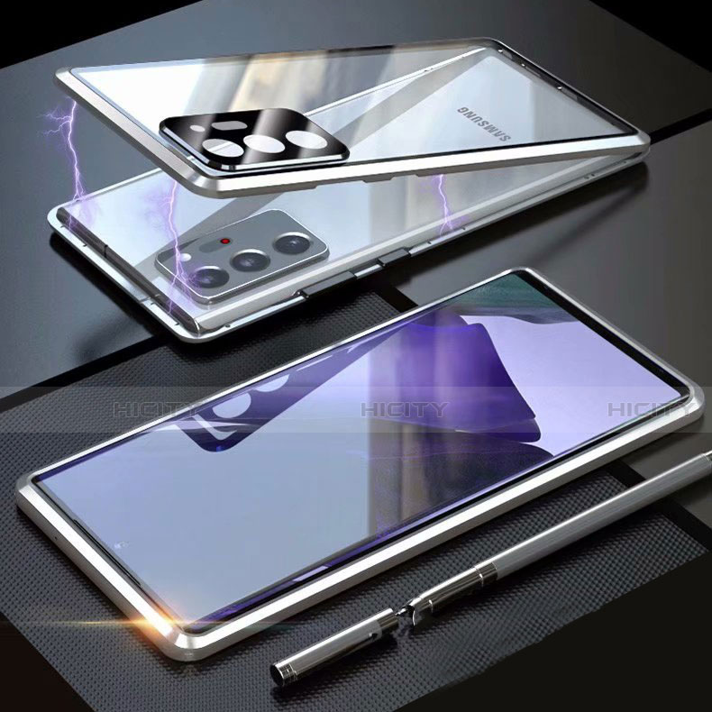 Handyhülle Hülle Luxus Aluminium Metall Rahmen Spiegel 360 Grad Ganzkörper Tasche T01 für Samsung Galaxy Note 20 Ultra 5G Silber