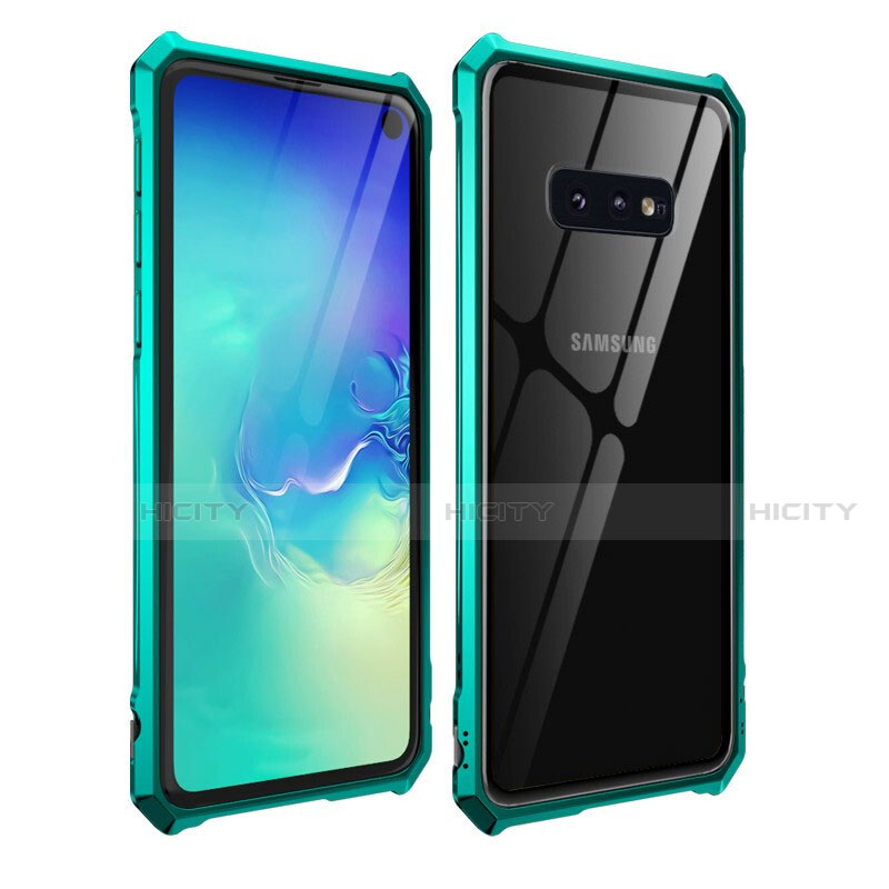 Handyhülle Hülle Luxus Aluminium Metall Rahmen Spiegel 360 Grad Ganzkörper Tasche T01 für Samsung Galaxy S10e Cyan