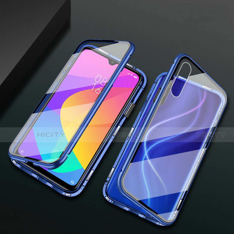 Handyhülle Hülle Luxus Aluminium Metall Rahmen Spiegel 360 Grad Ganzkörper Tasche T01 für Xiaomi Mi A3 Blau