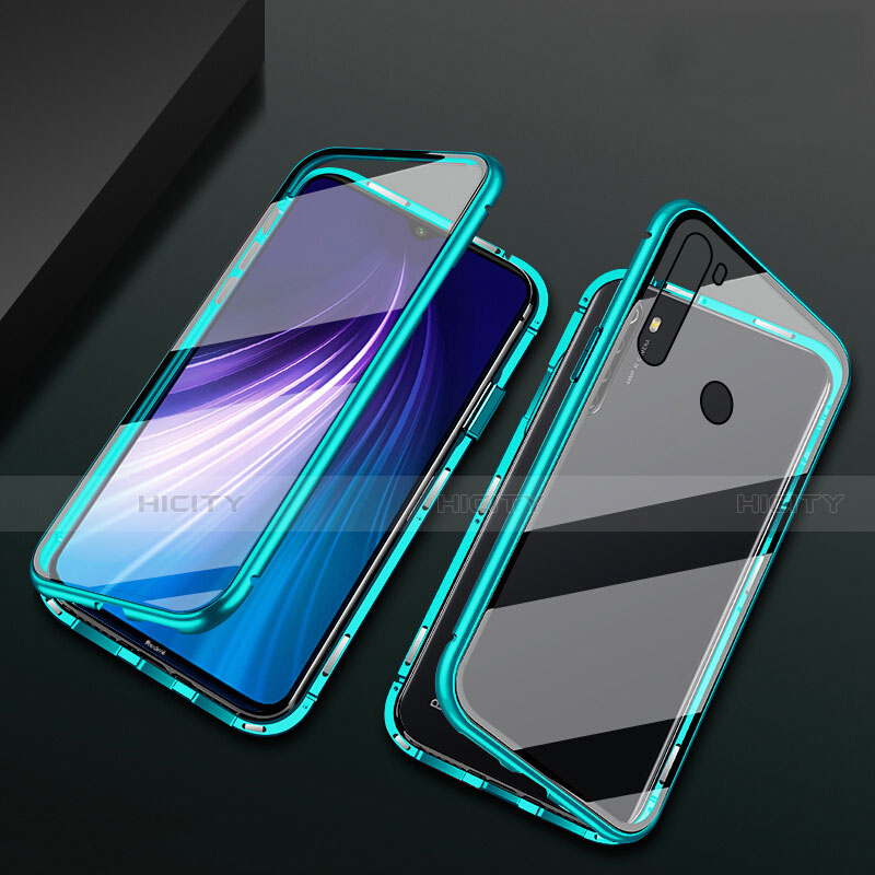 Handyhülle Hülle Luxus Aluminium Metall Rahmen Spiegel 360 Grad Ganzkörper Tasche T01 für Xiaomi Redmi Note 8 (2021) Cyan