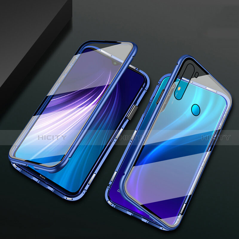 Handyhülle Hülle Luxus Aluminium Metall Rahmen Spiegel 360 Grad Ganzkörper Tasche T01 für Xiaomi Redmi Note 8 Blau Plus