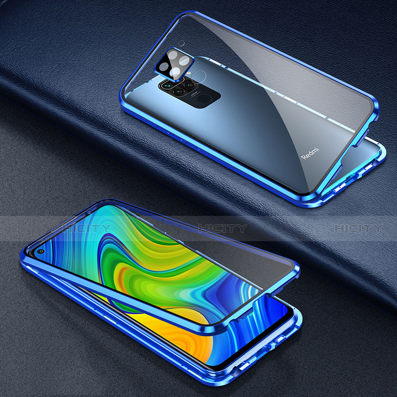 Handyhülle Hülle Luxus Aluminium Metall Rahmen Spiegel 360 Grad Ganzkörper Tasche T01 für Xiaomi Redmi Note 9 Blau Plus