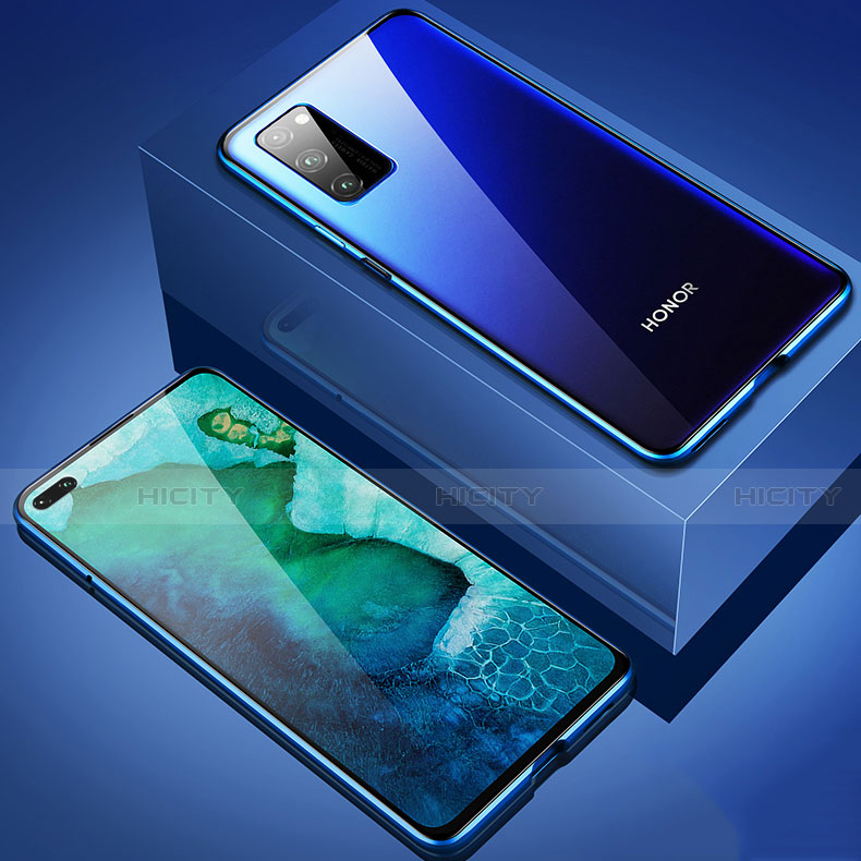 Handyhülle Hülle Luxus Aluminium Metall Rahmen Spiegel 360 Grad Ganzkörper Tasche T02 für Huawei Honor V30 5G Blau Plus